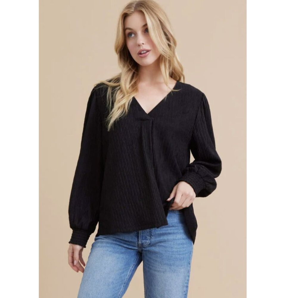 Jodifl Solid Color Striped Textured Blouse - Black - Medium
